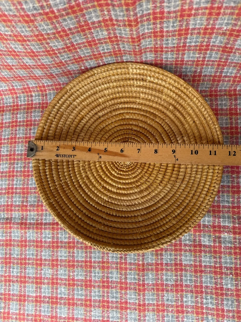 Vintage coiled woven straw basket tray round boho wall decor